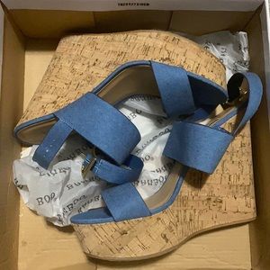 Chambray cork bottom wedges